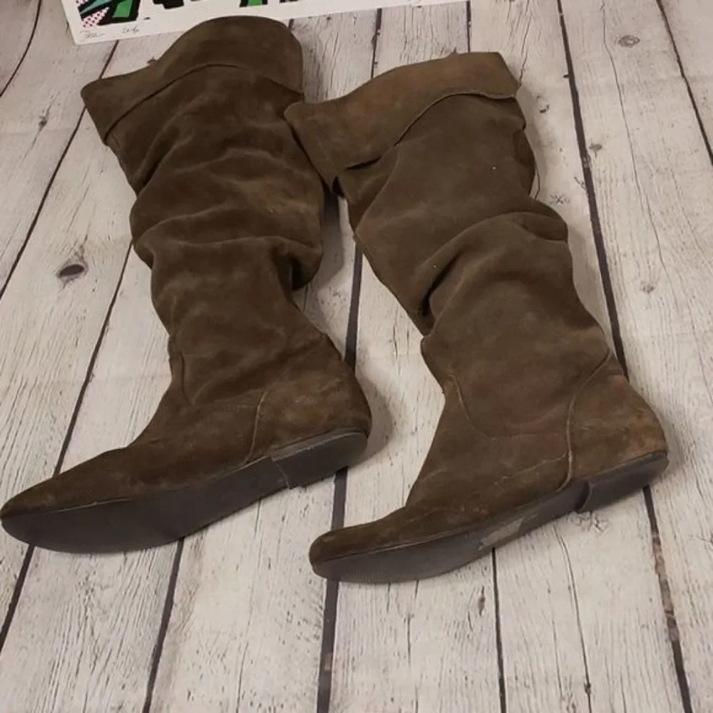 Y2K Vintage Boho Brown Suede Flat Knee High Boots Bakers - Picture 4 of 9